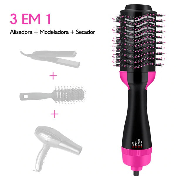 Escova Secadora de Cabelo Profissional 3 em 1 - Seca Escovando, Alisa e Modela - BIVOLT
